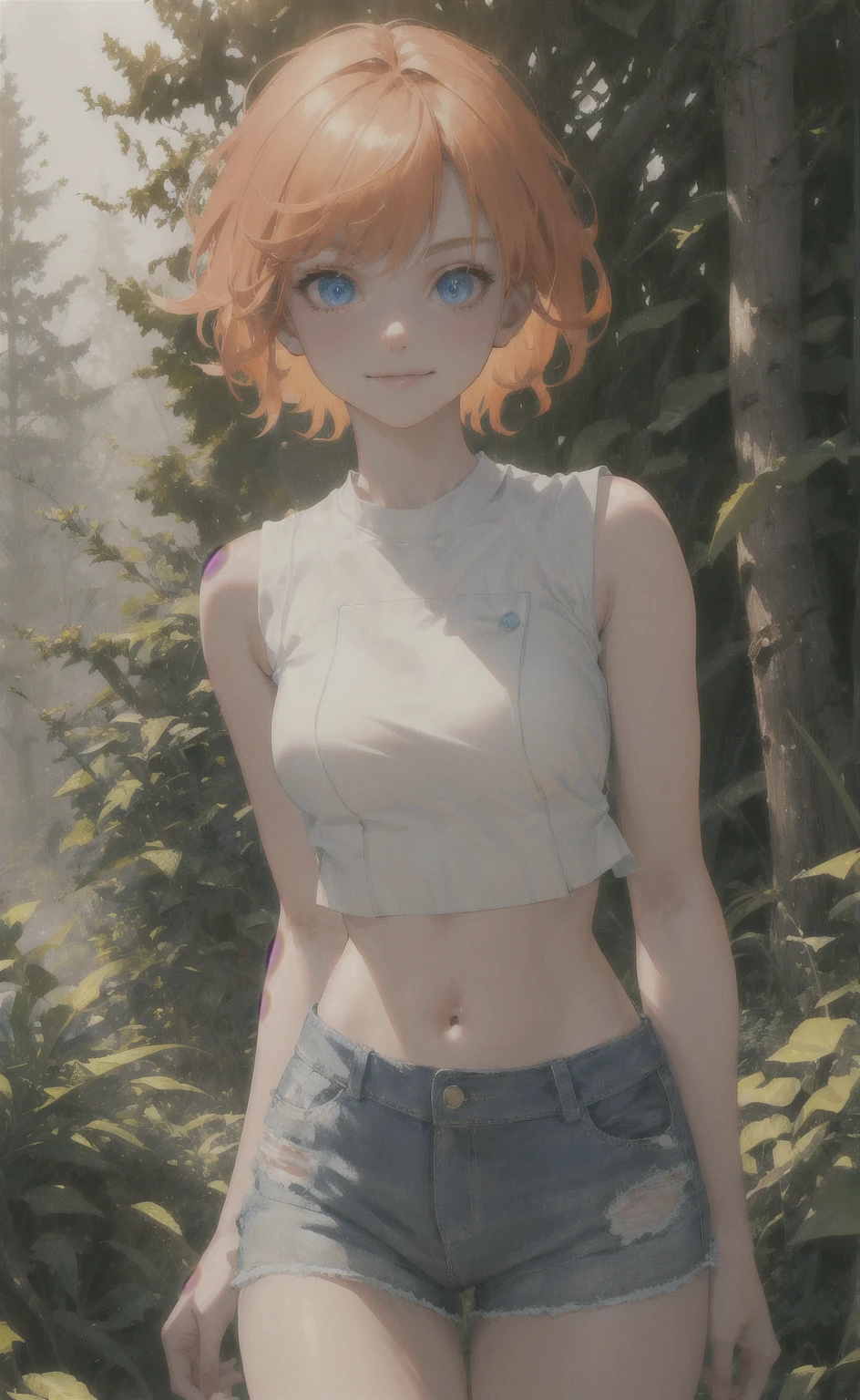 fog, 1 girl, Alone, Blue eyes, orange hair, short hair, lateral collection, blows, Hair collection,
White shirt, crop top, sleeveless, shorts,
smile,closed mouth,COWBOY SHOT,session,
forest,exterior,
(incredibly detailed, Beautiful detailed face, masterpiece, The best quality) cinematic lighting,