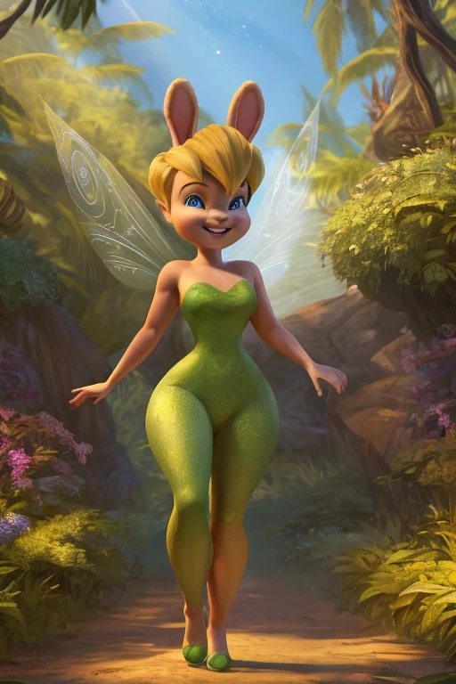 Sexy Busty Voluptuous nude naked Buff Muscular athletic Smiling cheerful Tinker Bell from Disney's Peter Pan as a furry anthro pink rabbit with very long down loose blonde hair down to her hips and blue eyes and fairy wings and rabbit ears and pink fur wearing shiny sparkling sequined green in the forest on a hot sunny summer day, Featureless breasts featureless Crotch 