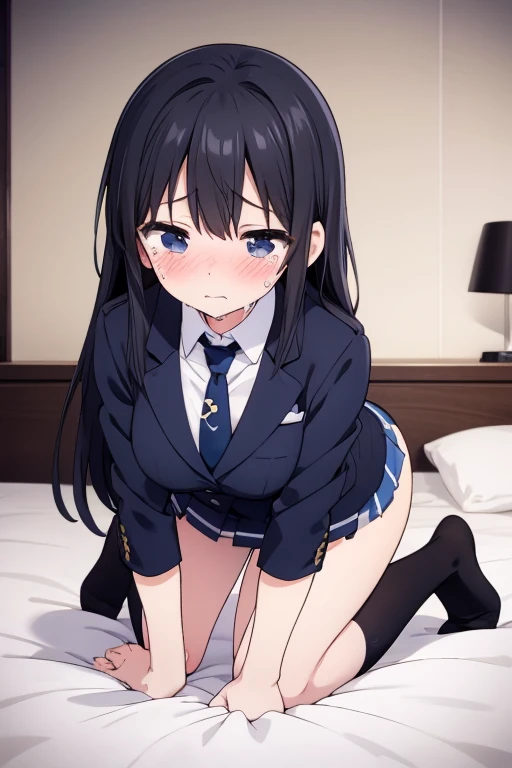 best quality,ultra-detailed,high resolution,newest,nsfw,1girl,thighhighs,large breasts,sweat,steam,school_uniform,white_shirt,rikka takarada,black hair,blue eyes,long hair,lips,,white cardigan,mini_skirt,pleated skirt,,private room,on the bed,bed,embarrassed,orgasm,,aroused,,,clenched teeth,covering own eyes,covering face,lifted by self,,lace bra,open legs,clothes lift,arm up,,spread legs,pov,big black penis,straddling,sex,excessive cum,1man