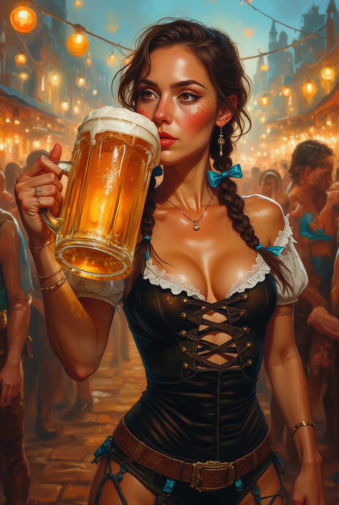 Tatiana the sweet bavarian with her black velvet jumpsuits two tall breasts two long braids with blue bows. Tatiana is already very drunk and you can see it from her red cheeks decorated with light freckles she drinks with ardor a huge heavy and iced beer mug spilling all the beer on her beautiful body around the October fest goes crazy 