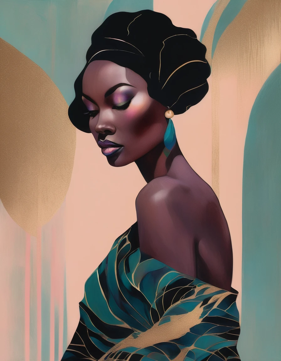 chiaroscuro technique on sensual illustration of an elegant African woman, vintage ,silky eerie, matte painting, by Hannah Dale, by Harumi Hironaka, extremely soft colors, vibrant, pastel, highly detailed, digital artwork, high contrast, dramatic, refined, tonal, golden ratio