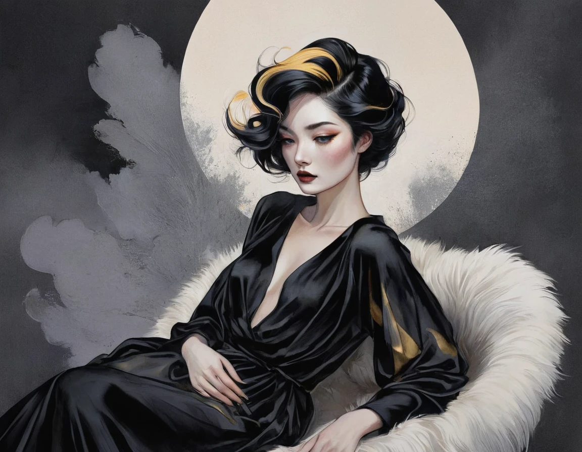 chiaroscuro technique on sensual illustration of an elegant woman, vintage ,silky eerie, matte painting, by Hannah Dale, by Harumi Hironaka, extremely soft colors, vibrant, pastel, highly detailed, digital artwork, high contrast, dramatic, refined, tonal, golden ratio