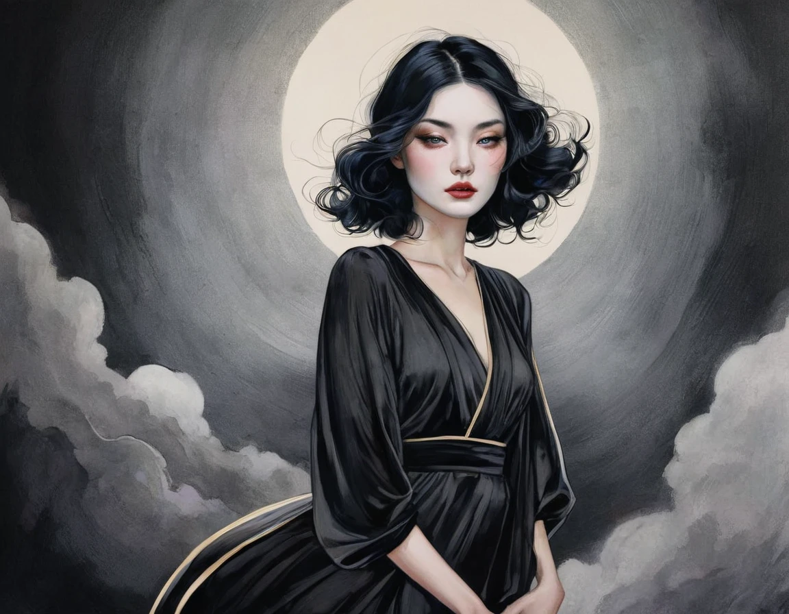 chiaroscuro technique on sensual illustration of an elegant woman, vintage ,silky eerie, matte painting, by Hannah Dale, by Harumi Hironaka, extremely soft colors, vibrant, pastel, highly detailed, digital artwork, high contrast, dramatic, refined, tonal, golden ratio