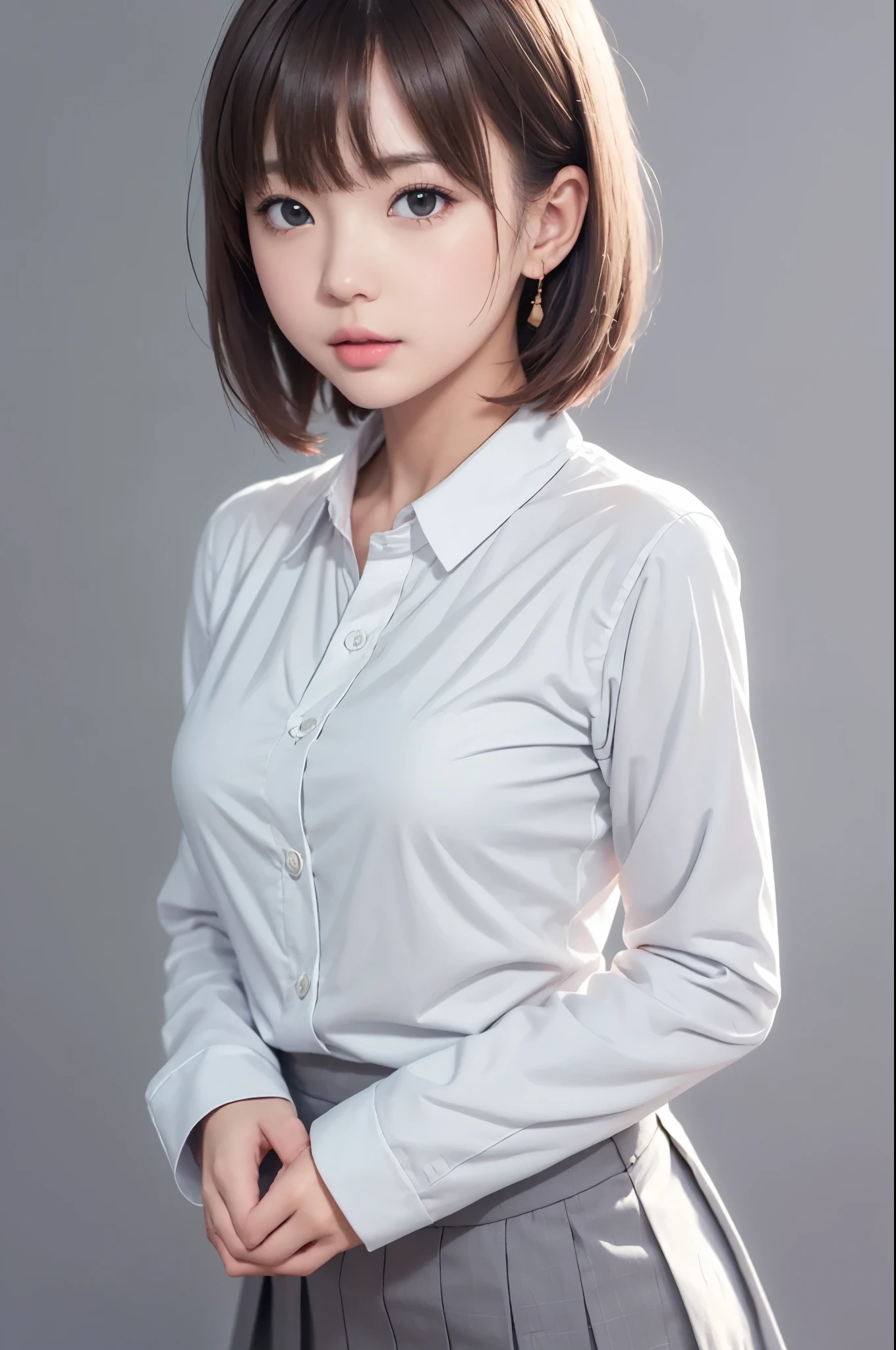 (grey background:1.3), solo,1girl\((1girl,solo), (yuichan:1.3), petite, Fine clavicle, neat and cute girl, japanese cute girl, beautiful detailed eyes, layered hair, fluffy hair, brown short hair, bangs, glossy lips, dynamic pose,,((high school uniform)), \), BREAK ,quality\(masterpiece, best quality,8k,wallpaper of extremely detailed CG unit, high resolution, top-quality, top-quality real texture skin, hyper realistic, increase the resolution, RAW photos, best quality, highly detailed, the wallpaper,golden ratio\),Perfect hand,close up girl,looking at viewer,(dynamic angle:1.3)