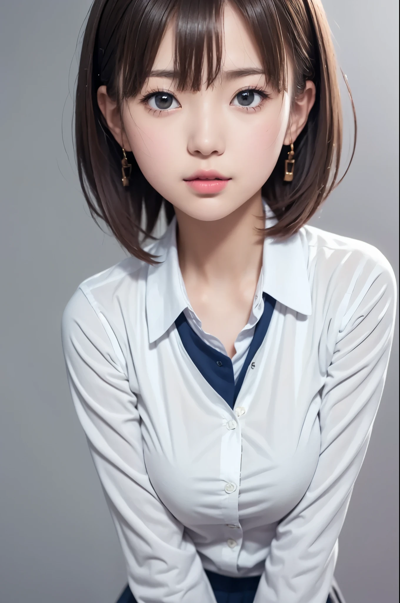 (grey background:1.3), solo,1girl\((1girl,solo), (yuichan:1.3), petite, Fine clavicle, neat and cute girl, japanese cute girl, beautiful detailed eyes, layered hair, fluffy hair, brown short hair, bangs, glossy lips, dynamic pose,,((high school uniform)), \), BREAK ,quality\(masterpiece, best quality,8k,wallpaper of extremely detailed CG unit, high resolution, top-quality, top-quality real texture skin, hyper realistic, increase the resolution, RAW photos, best quality, highly detailed, the wallpaper,golden ratio\),Perfect hand,close up girl,looking at viewer,(dynamic angle:1.3)