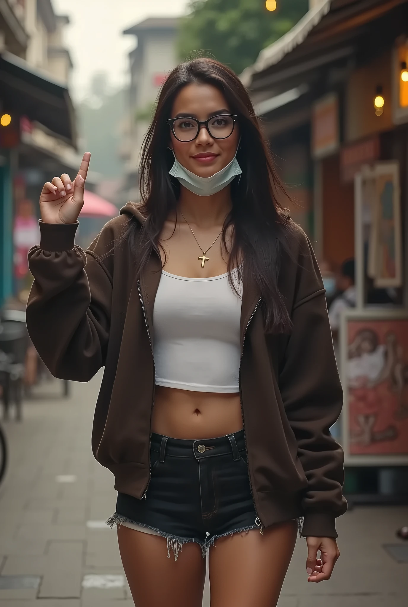 chloe, ripped muscle, muscular body, small breast, pale skin, smile(blush), nude with cloak, thin necklace, sixpack abs, [ultra detailed skin:1.2], 8k uhd, full body, stand, sweat, cum on face, crowd, public, night,