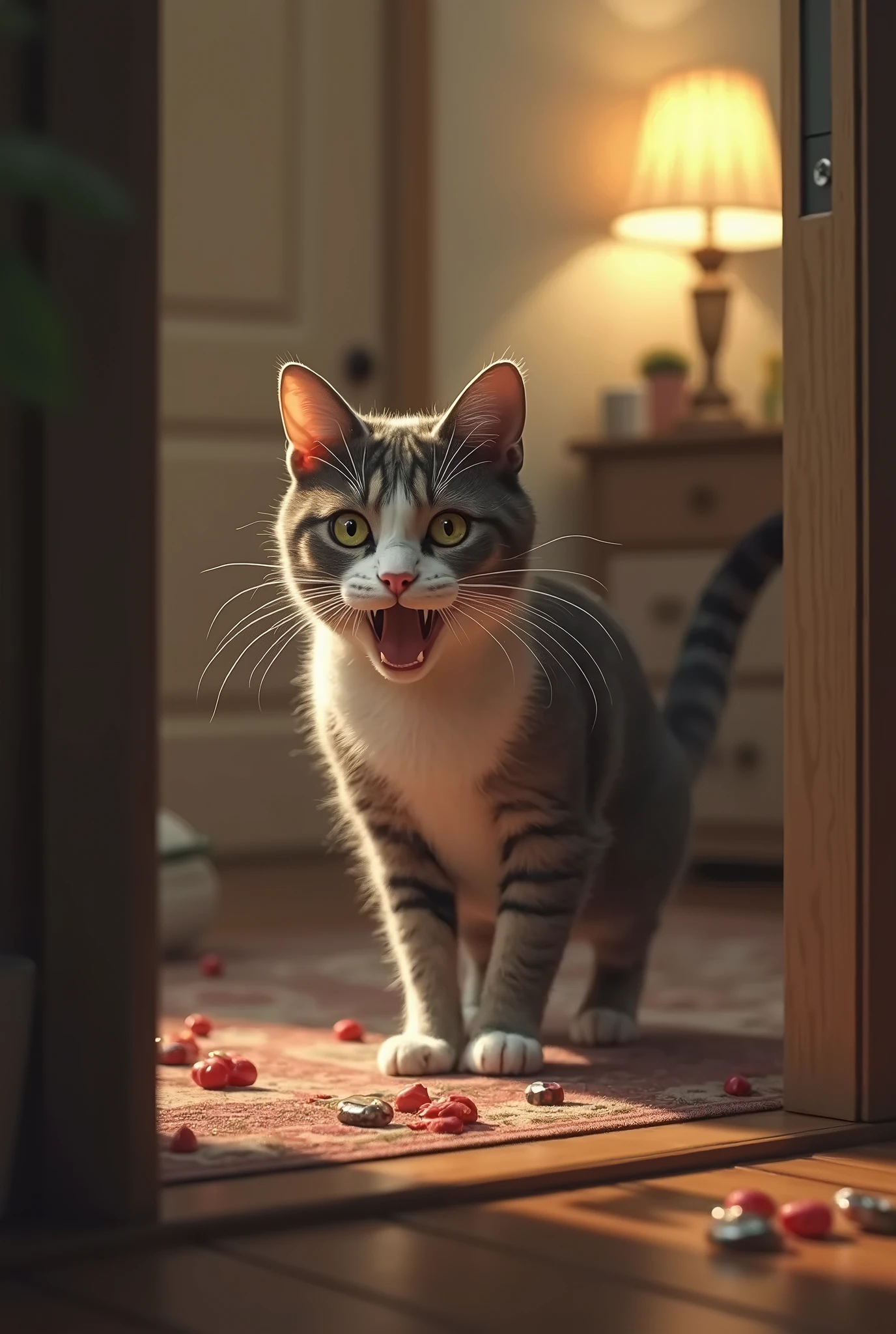 A tall pregnant white cat dressed in pink frock fainted on kitchen floor and blood flows on her forehead