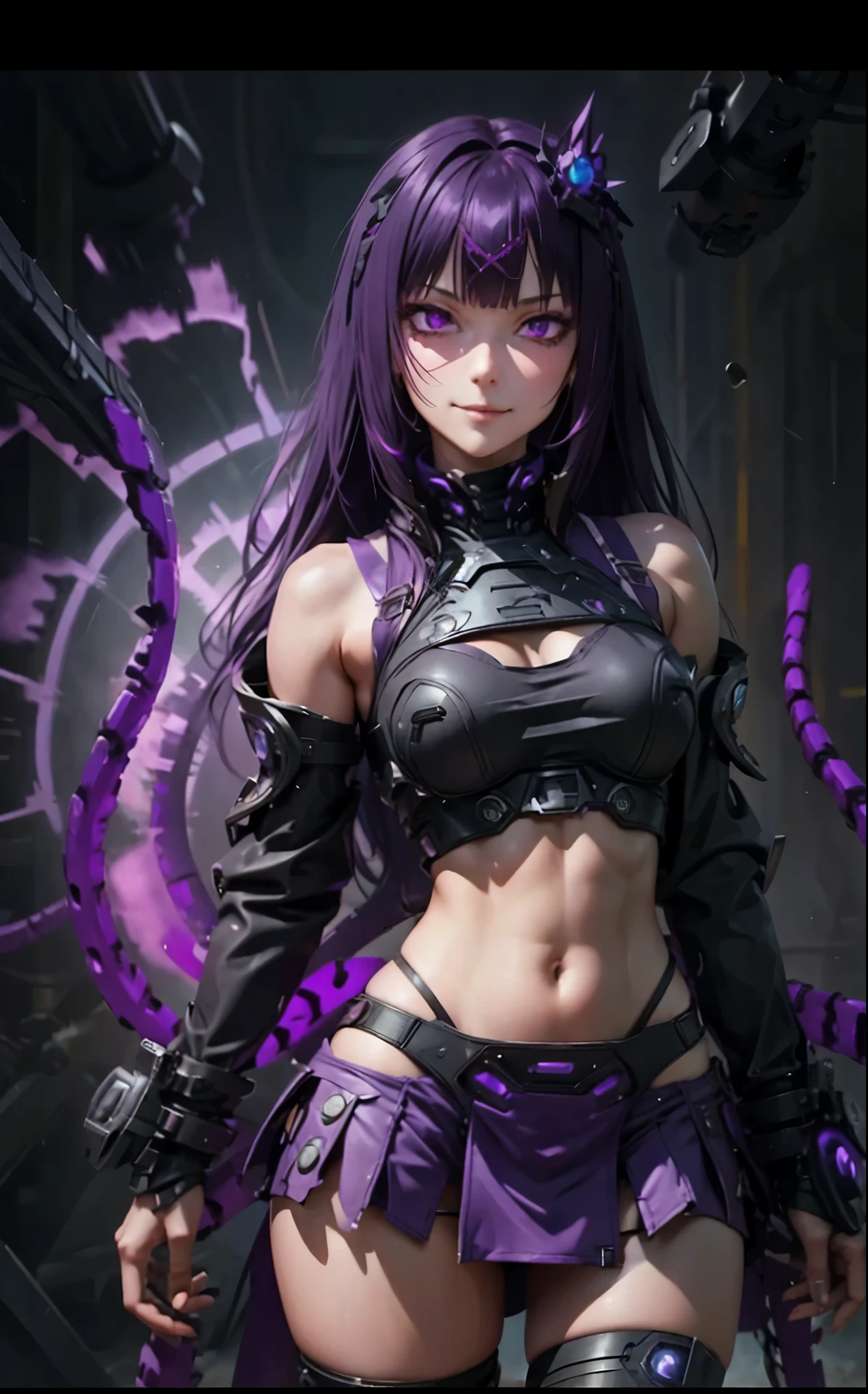 Purple punk costume. Purple-haired girl. Straight hair. Long. Straight bangs. Condescending. Sanpaku Eye. Miniskirt. Thighs. Evil Smile. Navel. Exposed shoulders. Sleeve. Mechanical Tentacles. Black mist background.