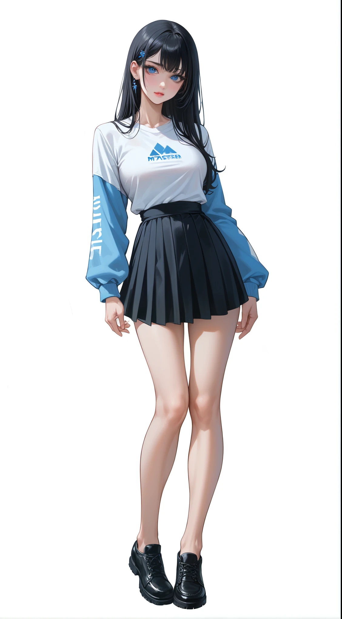 ((((masterpiece, best quality, high resolution)))), 1 character, one девушка, полу аниме в стиле hentai, hentai, character. European-looking girl, best quality, Highest quality, 4K, 8k, стройная спортивная sexy девушка, Tall athletic girl with long black hair, with perfect, figure, girl in the photo, best quality, Highest quality, 4K, 8k, Darling, looks at the viewer, длинные black hair, ярко Blue eyes, Blue eyes, one в кадре, one, one character, adult woman, one, alone, 1 character, 1 woman, one в комнате, realistically, with casual but stylish clothes, in stylish clothes, black skirt, very beautiful, sexy, no location, white background. black hair. Blue eyes, detailed face, full length, full height