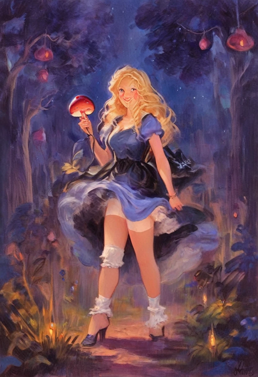 a beautiful 20 year old blonde woman with big messy hair in a blue dress, white stockings, black headband, cleavage, holding a glowing mushroom, fantasy art style, rossdraws cartoon vibrant, alice x. zhang, alice in wonderland cyberpunk, cute detailed digital art, colorfull digital fantasy art, digital fantasy art ), glossy digital painting, rossdraws pastel vibrant, rossdraws 2. 5, rossdraws 1. 0