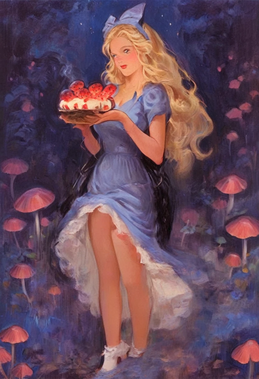 a beautiful 20 year old blonde woman with big messy hair in a blue dress, white stockings, black headband, cleavage, holding a glowing mushroom, fantasy art style, rossdraws cartoon vibrant, alice x. zhang, alice in wonderland cyberpunk, cute detailed digital art, colorfull digital fantasy art, digital fantasy art ), glossy digital painting, rossdraws pastel vibrant, rossdraws 2. 5, rossdraws 1. 0