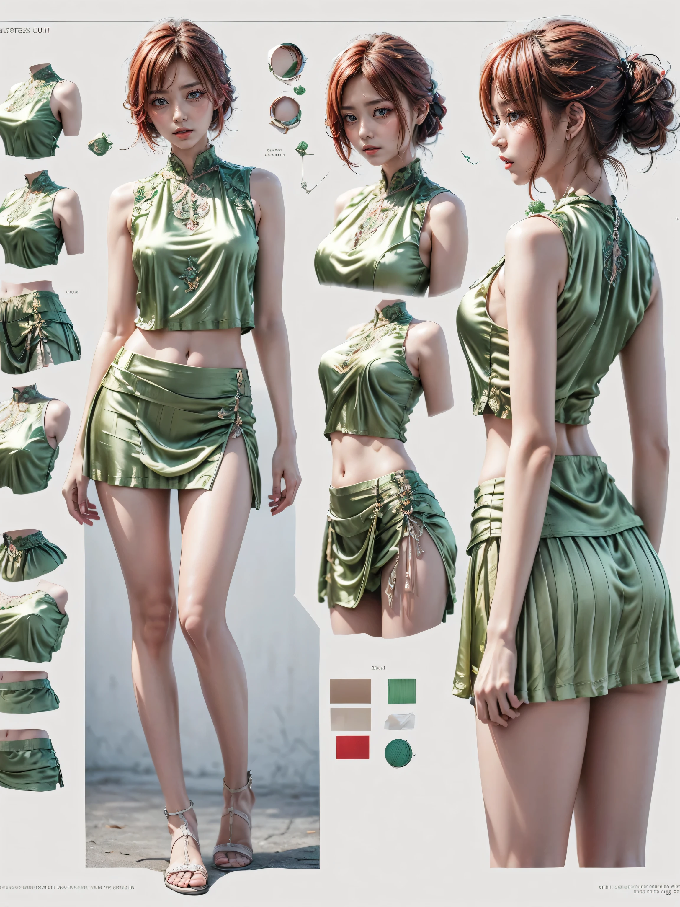 Realistic,(photorealistic Realism),(high resolution),((intricately detailed digital art)),((Create detailed design sheet)), (front view, side view, diagonal view),(elegant style clothes),((Create a detailed gallery of an exclusive short sleeveless T-shirt (green)short skirt),(Diagonal view,(gallery of three sets,(different cuts and finishes,short sleeveless T-shirt and short skirt),Intricate details)),(light  green silk), best quality, masterpiece, representative work, official artwork, professional designs, red hair:1.3