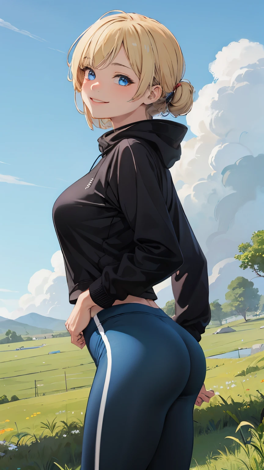 best quality, masterpiece, small breasts, smile, sweatshirt, leggings, outdoors, anime style, grass field, daytime, blue sky, blue eyes, detailed eyes, medium hair, blonde hair, loose hair, bangs, lying down,