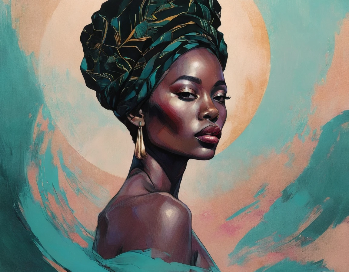 chiaroscuro technique on sensual illustration of an elegant African woman, vintage ,silky eerie, matte painting, by Hannah Dale, by Harumi Hironaka, extremely soft colors, vibrant, pastel, highly detailed, digital artwork, high contrast, dramatic, refined, tonal, africa golden ratio