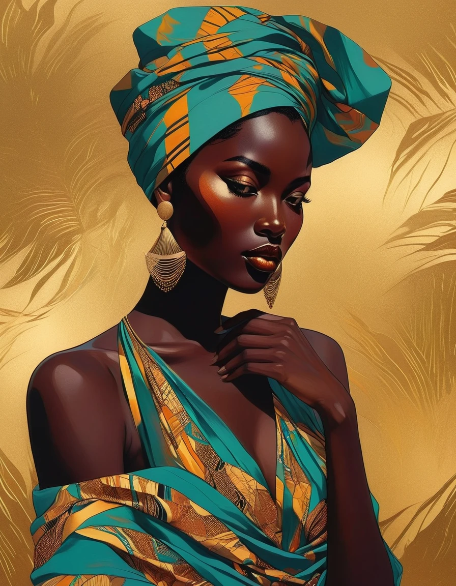 chiaroscuro technique on sensual illustration of an elegant African woman, vintage ,silky eerie, matte painting, by Hannah Dale, by Harumi Hironaka, extremely soft colors, vibrant, pastel, highly detailed, digital artwork, high contrast, dramatic, refined, tonal, africa golden ratio