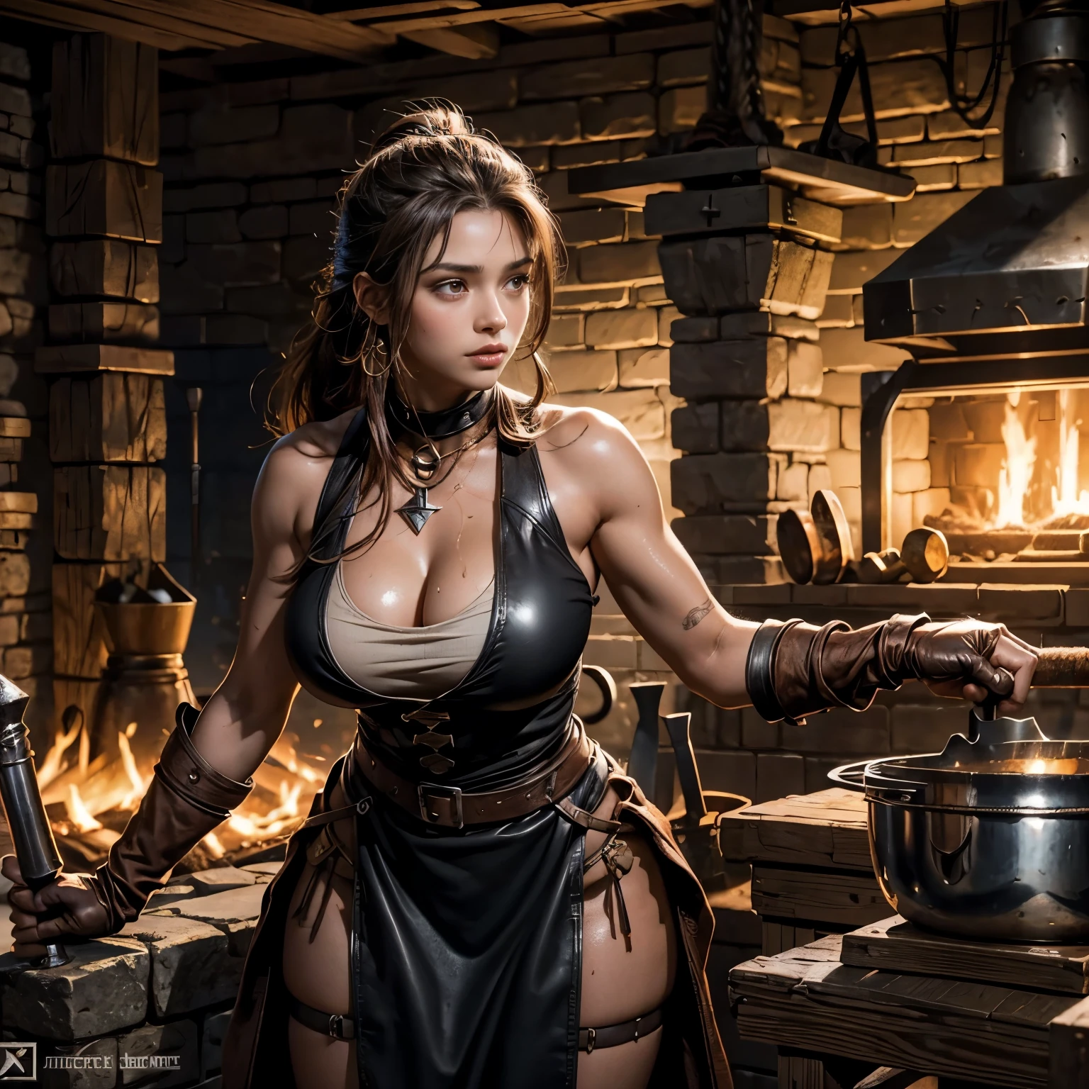 8K,blacksmith dwarf woman with a large hammer,large full breasts,black and brown costume,Real skin,Fantasyart,character art,Background with(blacksmith equipment)超A high resolution,A hyper-realistic,kiln,