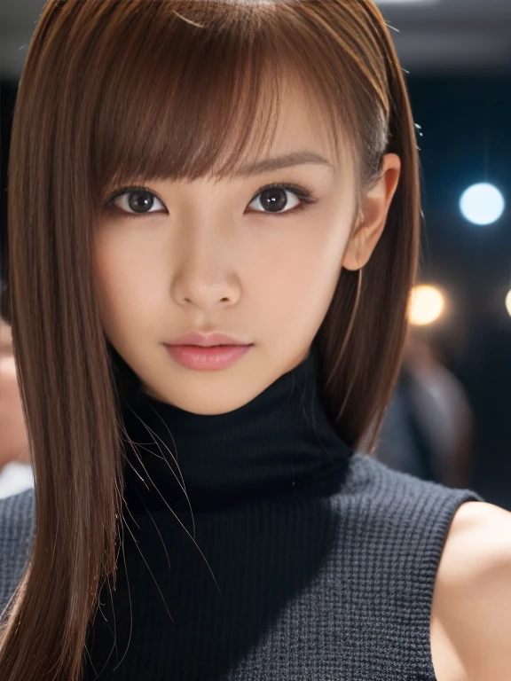 Product quality, 1 girl, Cowboy Shot, Front View, Young and cute Japanese girl, At night, Wearing a black knitted turtleneck sweater, Wearing a mini skirt, Super cute face, Glossy lips, Double eyelids, (Natural Makeup), Shiny, smooth, long light brown hair, Asymmetrical bangs, Center image, 8k resolution, high detail, Detailed hairstyle, Detailed face, Cinema Lighting, Octane Rendering, Surreal, Perfect body, Perfect Anatomy, 