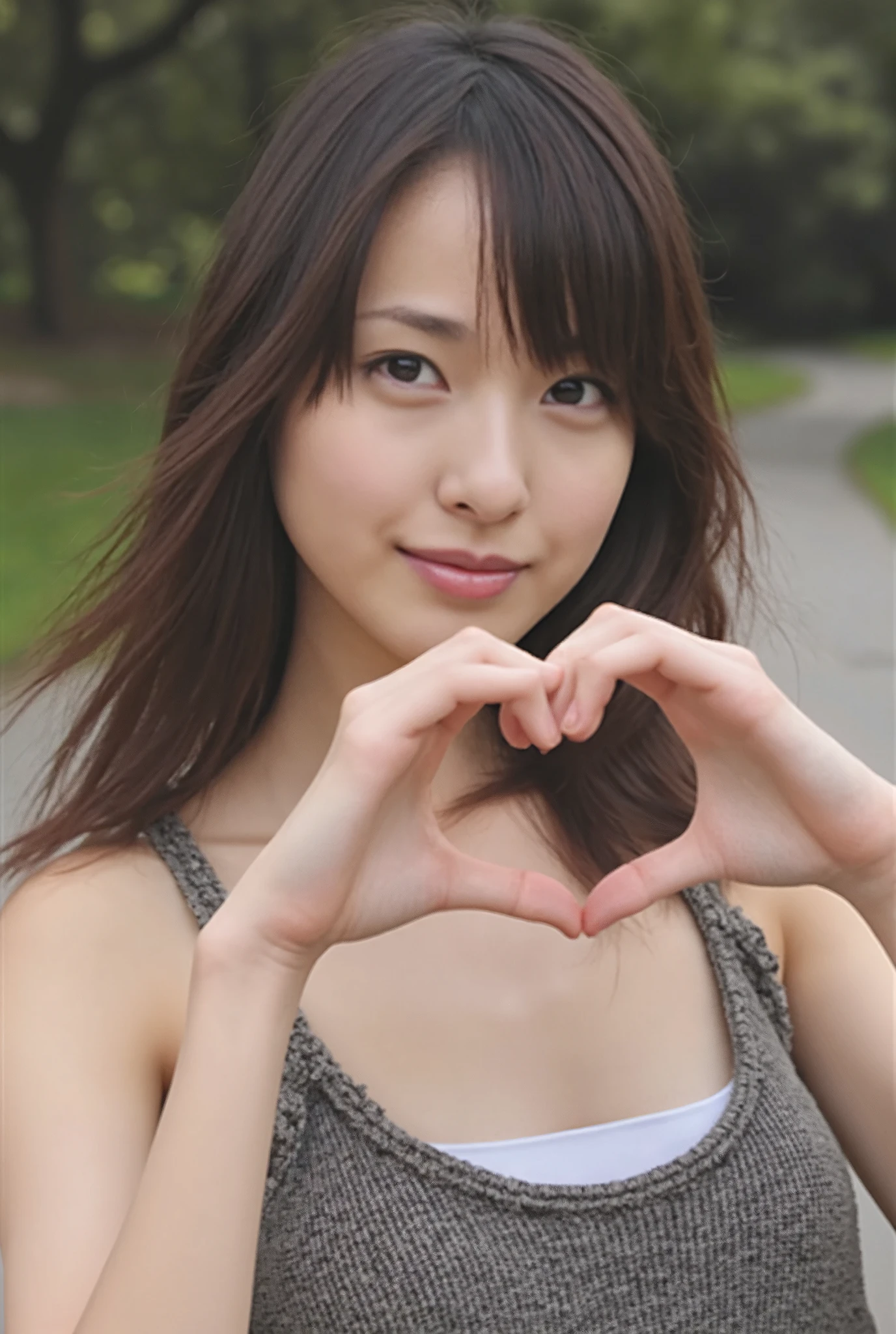 Use your hands to make a heart shape:2.0, (Currently popular Instagram photos, Ultra-Accurate Human Anatomy, Best Quality、8k、32K、masterpiece)、Cute smiling Japanese woman images、Tank tops、Camel Toe、Underarm、Photographed in natural light、Upper Body、Surface Focus、the above、Mix 4、(8k、RAW Photos、Best Quality、masterpiece:1.2)、(Realistic、Photorealistic:1.37)、1 girl、Photo Mapping、Physically Based Rendering、Excellent image quality、High resolution、1080P、(Beautiful Face)、(Detailed description of the face)、(Detailed explanation of the hand setter&#39;s muscle area)、(Detailed CG)、Dirty hair、masterpiece、Rich details、(Stunning Features)、(Highest quality)、(masterpiece)、(Detailed eyes)、I look forward to your eyes、Delicate clavicle、Various poses