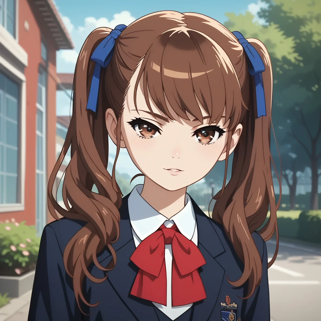 1girl, detailed brown eyes, detailed brown hair, long hair, twintails, blue hair ribbon, red neck ribbon, school uniform, anime screenshot, masterpiece, best quality, retina, anatomically correct, accurate, textured skin