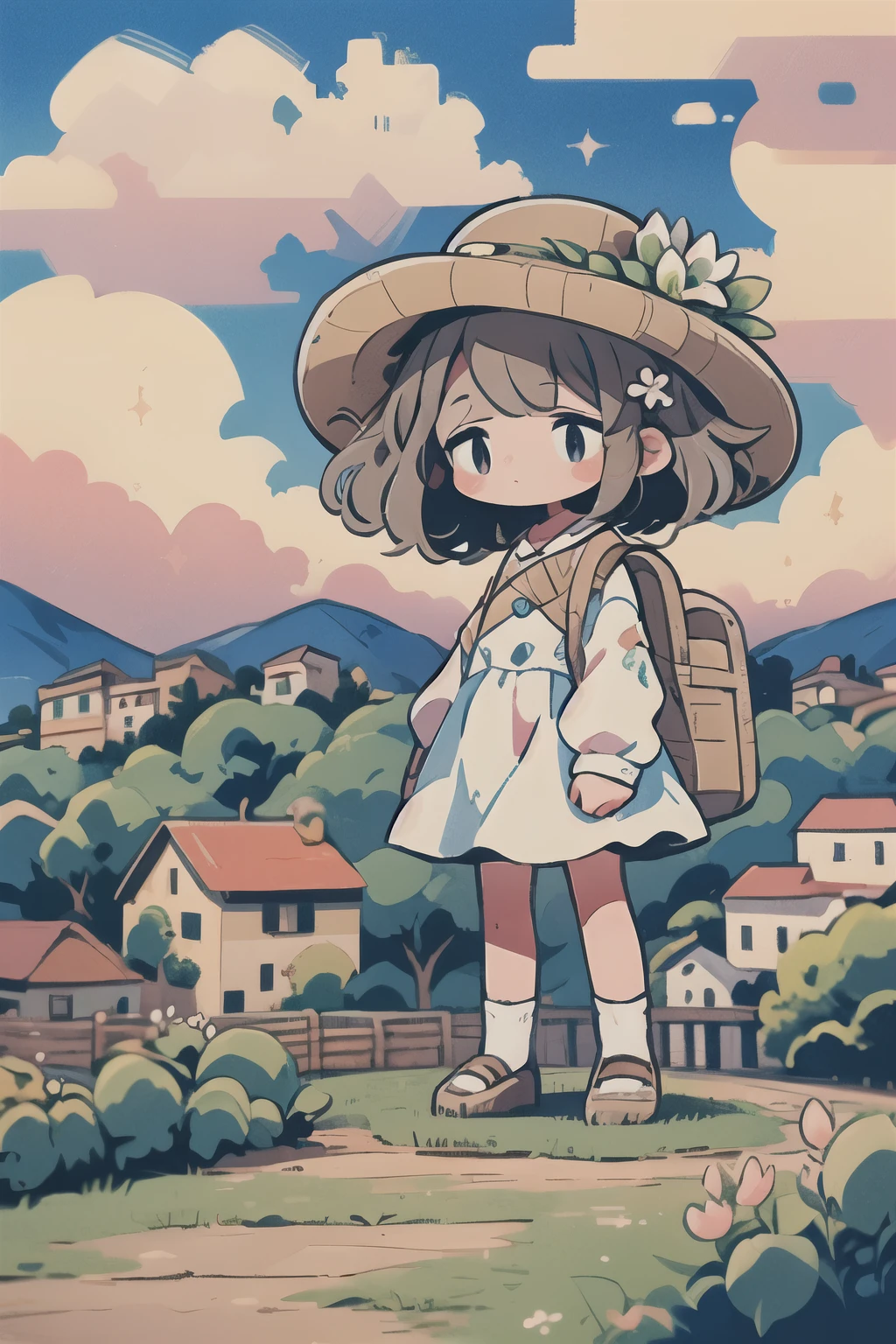 city of ouro preto, Minas Gerais, white houses with Portuguese architecture dramatic lighting, pink flowering trees, anime scenery, Ghibli, clouds in the sky, in a white dress and hat decorated with a pink flower, full body