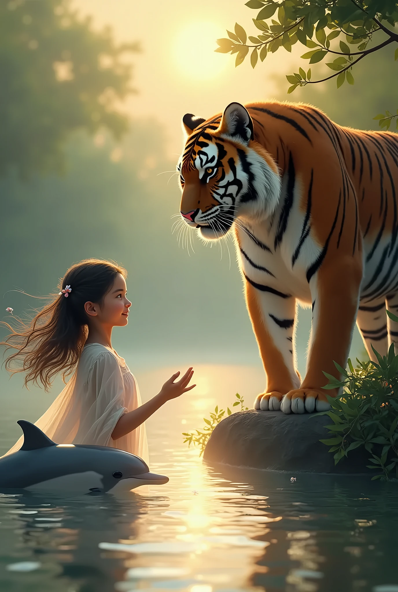 full lenght a Full-body picture of a young girl, beautiful and sweet face, hair often pinned with a red swan hairpin, wearing a Thai dress in a light yellow color flowing through the chest, a pink shawl over the shoulders, and two large, imposing, magnificent, beautiful white tigers, with sea-blue eyes, playing in a small pool until the water splashes, in a tropical forest, a refreshing atmosphere, amidst the beauty of a small field of colorful flowers around a clean, beautiful pool, glowing and shimmering light, 3D picture, oil painting, sharp picture, art picture of Professor Chalermchai