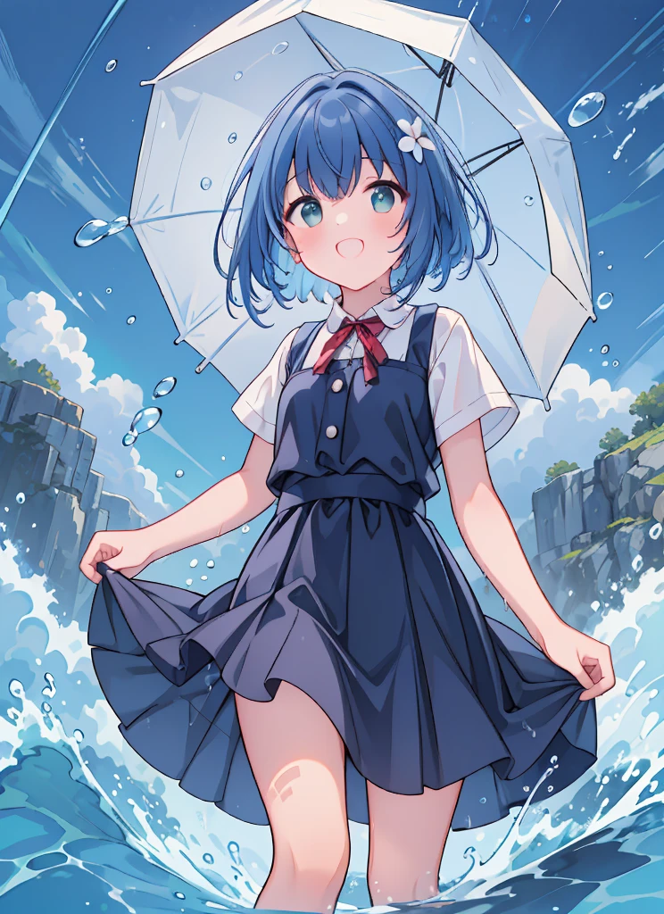 (8k, Best Quality, masterpiece: 1.2), Ultra-high resolution, 1 person, cute, Small breasts, Highly detailed face, White blouse, shirt, A lot of rain, rain, soaked, Black underwear, ribbon, gothic long skirt, Water droplets all over the body, A childlike smile, The best smile, Lots of water, Submersion, Splash, Water up to my chest, 