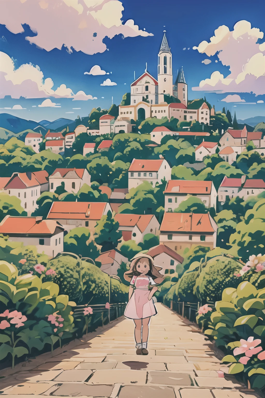 city of ouro preto, Minas Gerais, white houses with Portuguese architecture dramatic lighting, pink flowering trees, anime scenery, Ghibli, clouds in the sky, in a white dress and hat decorated with a pink flower, full body, smile