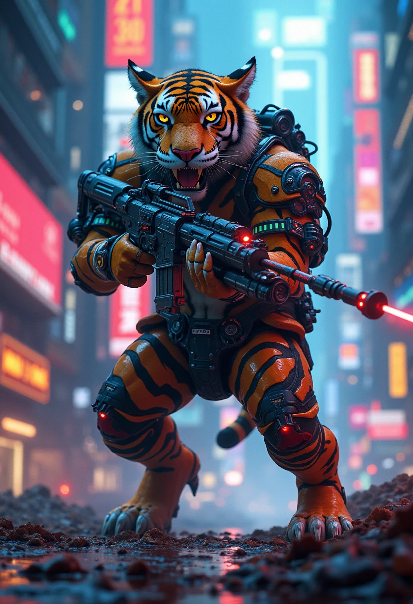 cyberpunk tiger warrior, neon lights, futuristic city, holding laser gun, concept art, highly detailed, 8k, ultra-detailed, photorealistic, hyper-realistic, volumetric lighting, cinematic lighting, dramatic lighting, vivid colors, vibrant colors, intricate details, complex details, mechanical design, advanced technology, glowing elements, moody atmosphere, dynamic pose, epic, dramatic, niji6, niji5, cinematic composition, masterpiece