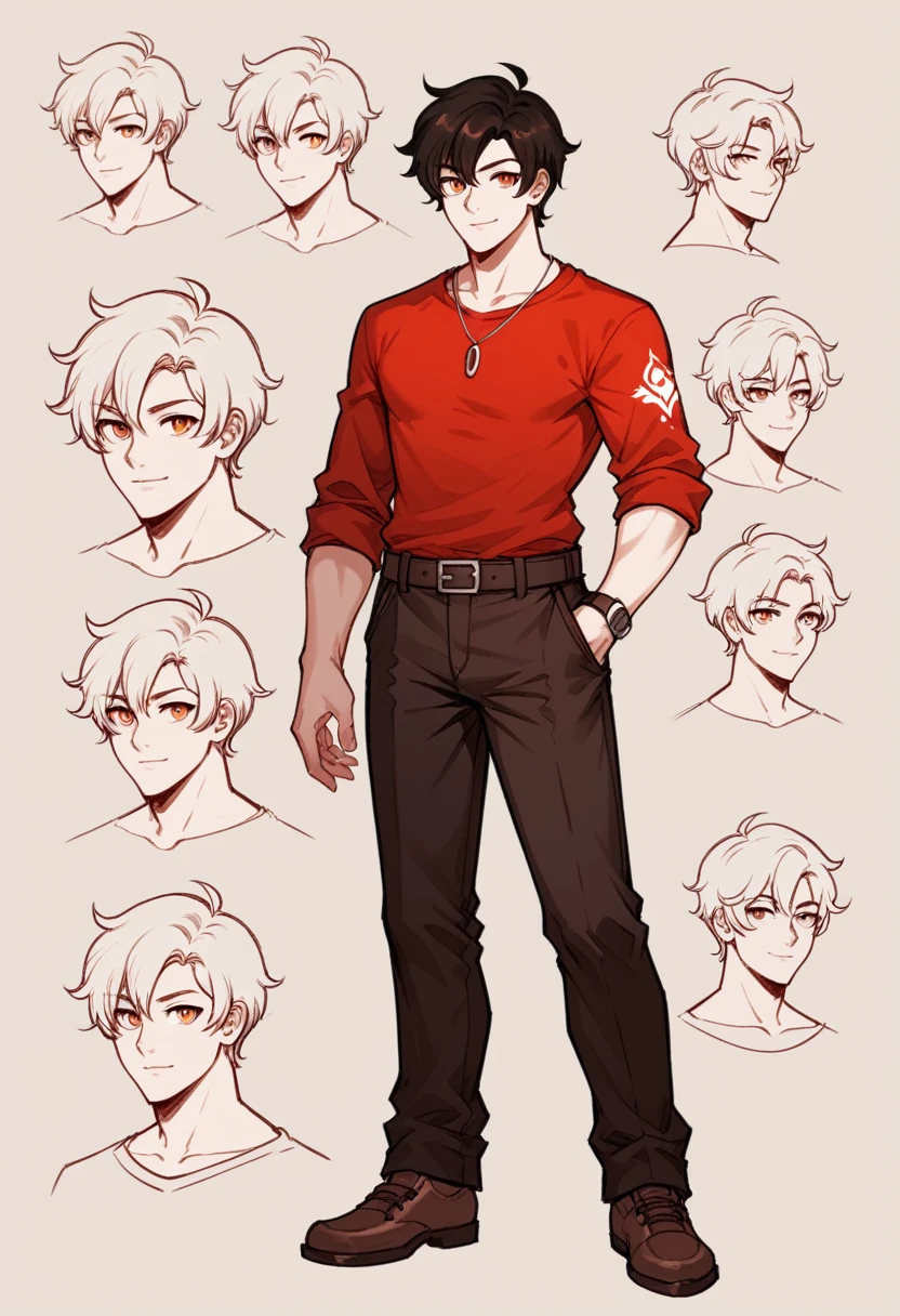 rwby World  ,Human Male,oc , haircut, wearing red shirt , Simple background,character sheet , concept art ,