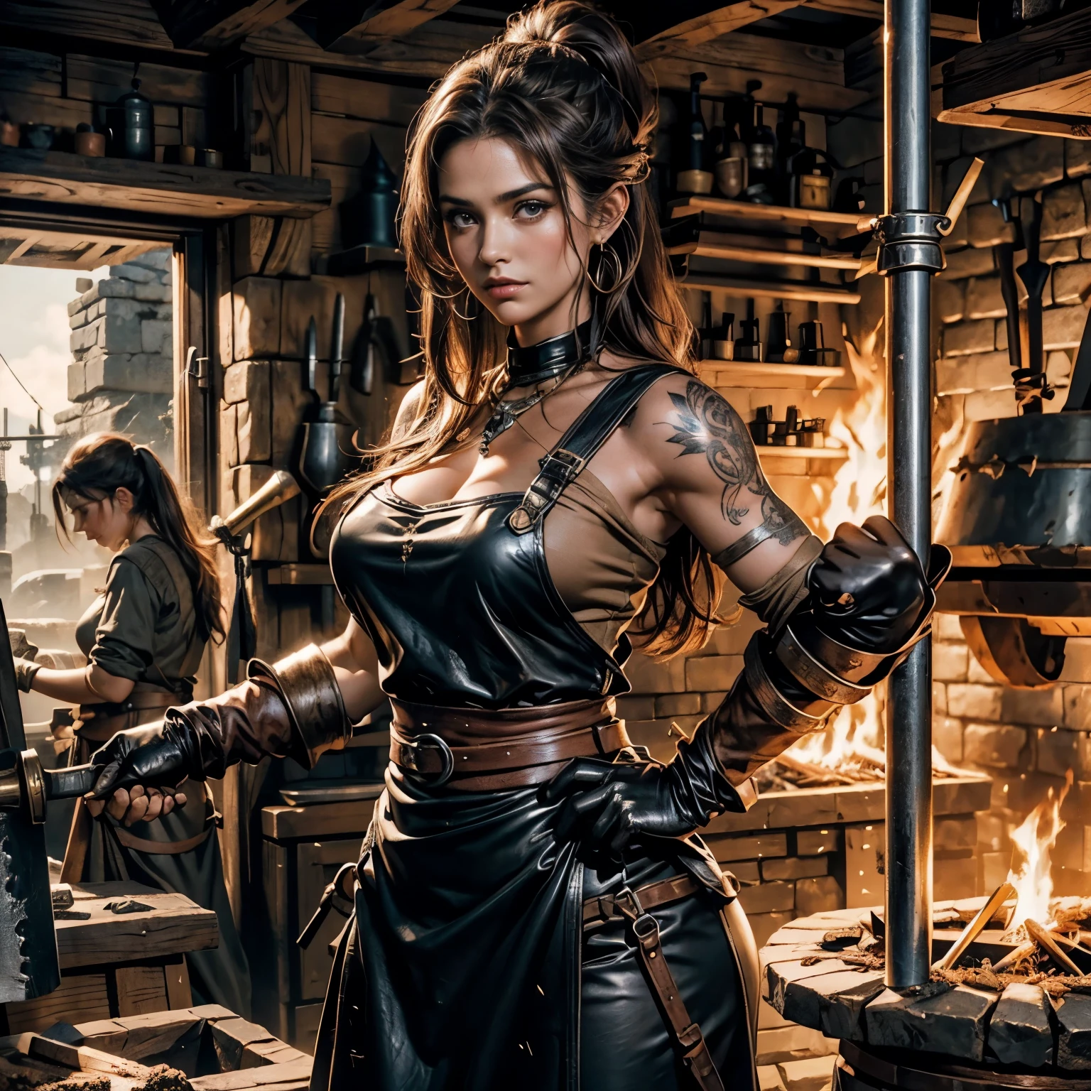 julia roberts and katie holmes merged, teenage girl, topless. She is a worker in the steel mill. Behind her you can see the blast furnaces and liquid steel. Her body is covered in sweat. and coal dust, steampunk style, stockings and high boots, dynamic pose, working, helmet, the background is full of detailed steampunk elements like clockworks, mechanics, machines. it looks like a hidden object picture, pigtails, tools everywhere, She shovels coal to heat the blast furnac. 