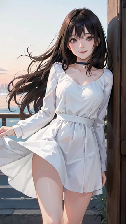 （Close-up of the painting style，8k ultra high definition，Masterpiece grade vista CG wallpaper），Beautiful skyline，Magnificent sky，美丽细致的眼睛，cute girly，Perfect slim body，shift dresses，Pure eyes，The skin is smooth like a baby，Stand on an island in the sea，Overlooking the earth，Skysky，the trees，Colorful flowers and plants。
