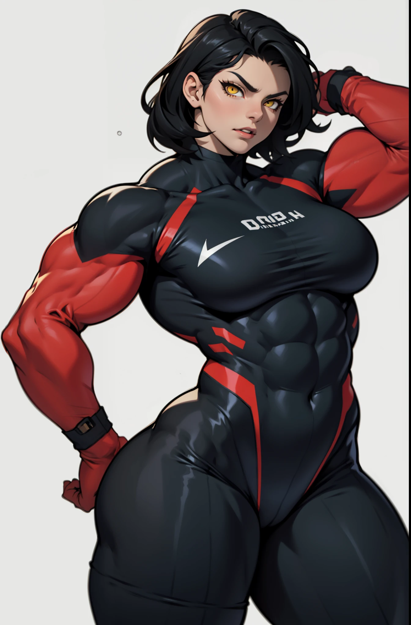 huge breasts huge muscles huge thighs pale skin black hair yellow eyes very long hair muscular girl sad expressionless skintight