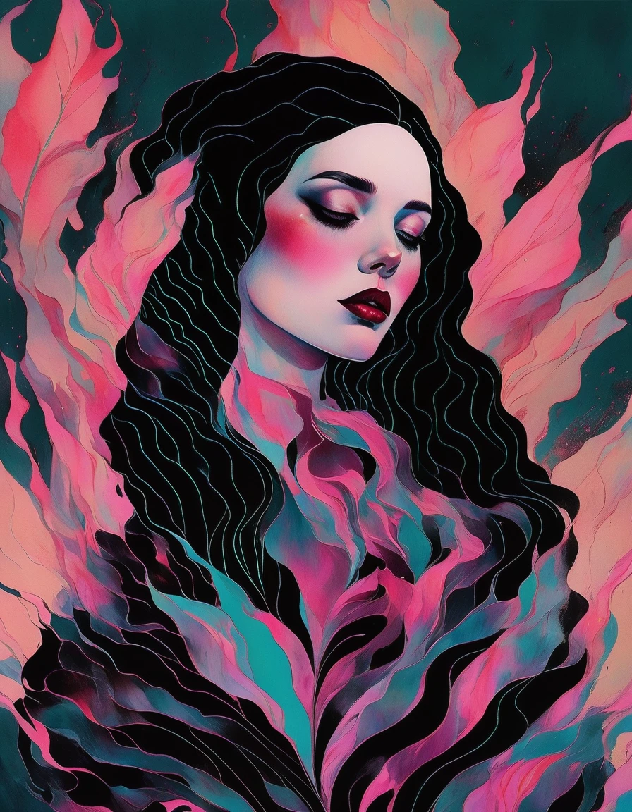 Une œuvre d'art numérique surréaliste mettant en scène une figure féminine noire nue, semi-abstraite émergeant d'un nuage tourbillonnant de couleurs vives, hibiscus, notamment des violets profonds, des rouges et des blancs doux. La figure est représentée dans une pose gracieuse avec des détails complexes sur son torse et ses cheveux flottants, se fondant parfaitement dans l'arrière-plan éthéré semblable à de la fumée qui transmet une impression de mouvement et de fluidité