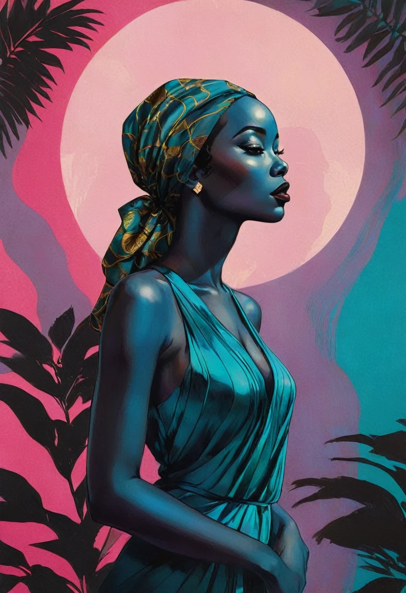 chiaroscuro technique on sensual illustration of an elegant african woman, vintage ,silky eerie, matte painting, by Hannah Dale, by Harumi Hironaka, extremely soft colors, vibrant, pastel, highly detailed, digital artwork, high contrast, dramatic, refined, tonal, golden ratio