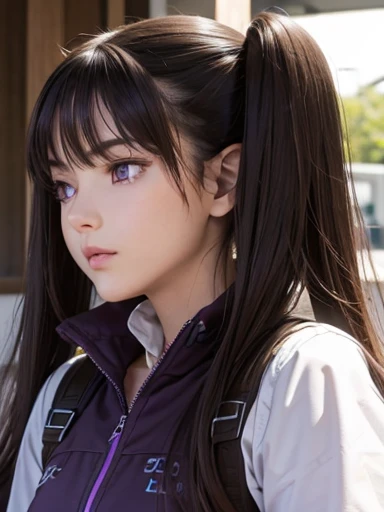 A brown-haired girl with twintails, purple eyes, beautiful, giant, foreground,  fringe