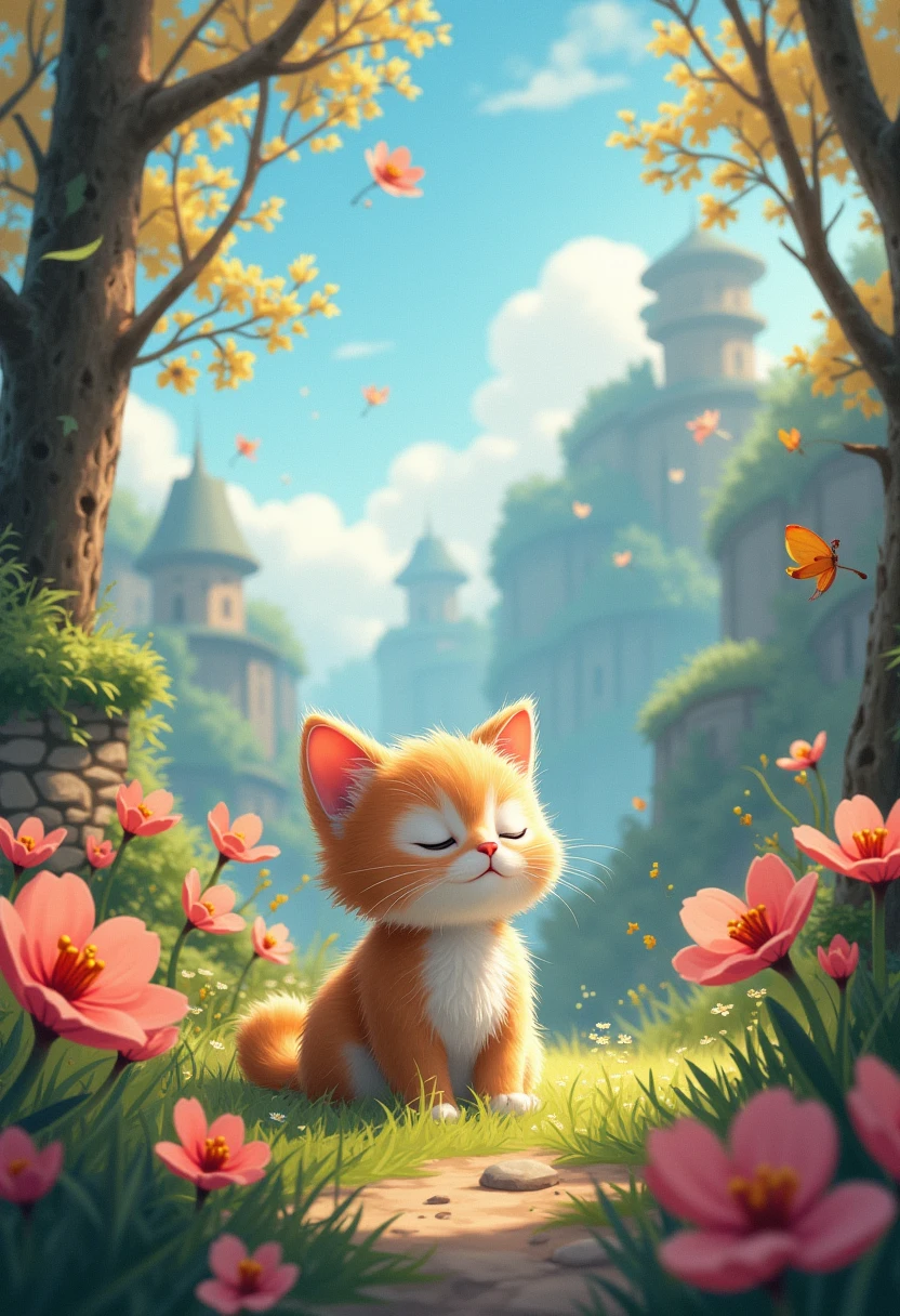 A beautiful spring day, cats travel into dreams, 1 cute cat, detailed cat face, finely detailed fur, sleeping cat, dreaming cat, cat in a surreal landscape, beautiful detailed landscape, fantasy landscape, vibrant colors, soft lighting, ethereal, whimsical, detailed environment, niji6, niji5, (best quality,4k,8k,highres,masterpiece:1.2),ultra-detailed,(realistic,photorealistic,photo-realistic:1.37),digital painting