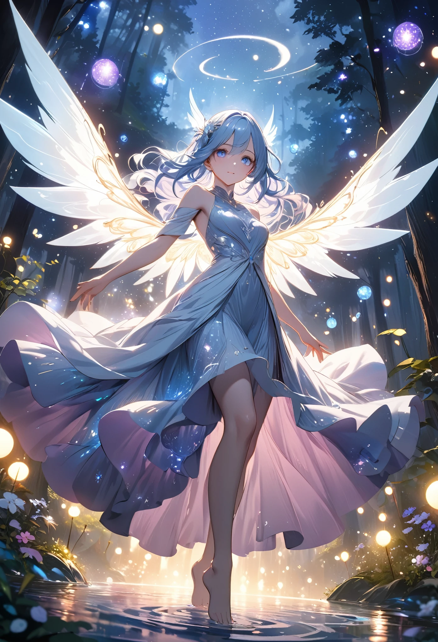"(((Masterpiece, highest quality, full-body view, high resolution, RTX, perfect pixel, depth of bounds written, 4K, very detailed))), 1 girl, single, alone, stunning anime enchantress in a mystical fantasy world, beautiful art style. ((Mid-length silvery-blue hair, flowing in soft waves with small, glowing fireflies fluttering around it)), ((piercing, moonlit silver eyes:1.4, glowing faintly with an otherworldly radiance)). ((Pale, luminous skin, softly glowing as though illuminated by moonlight:1.2)), ((realistic texture:0.65, Anime CG style, soft ethereal hues)). Slender figure dressed in a flowing **Twilight Mist Dress**, shifting between hues of deep purple, blue, and pink, as if woven from dusk itself, with glowing runes drifting across the fabric like constellations.
((Confident stance, dynamic pose, full-body wide angle)), her hands outstretched, forming swirling magical symbols with soft blue sparks of energy. She hovers just above the ground, her ethereal wings made of pure moonlight flickering between visibility and translucence. Her feet are bare, glowing softly with magic.
Her calm yet mysterious expression, and her moonlit eyes gaze directly at the viewer, exuding wisdom and power. The background is a twilight forest where glowing trees and luminous flowers light up a starry night sky. Floating islands and magical orbs surround her, creating an enchanting, dreamlike atmosphere."
