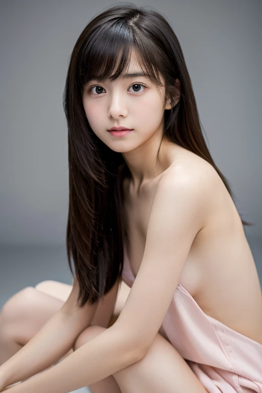 best quality, high-res, realistic photo, detailed skin texture, cute girl, shy, facing the camera, slim figure, 12-year-old, charming gaze, Japanese girl, fair skin, ((naked)), youthful appearance, long hair,