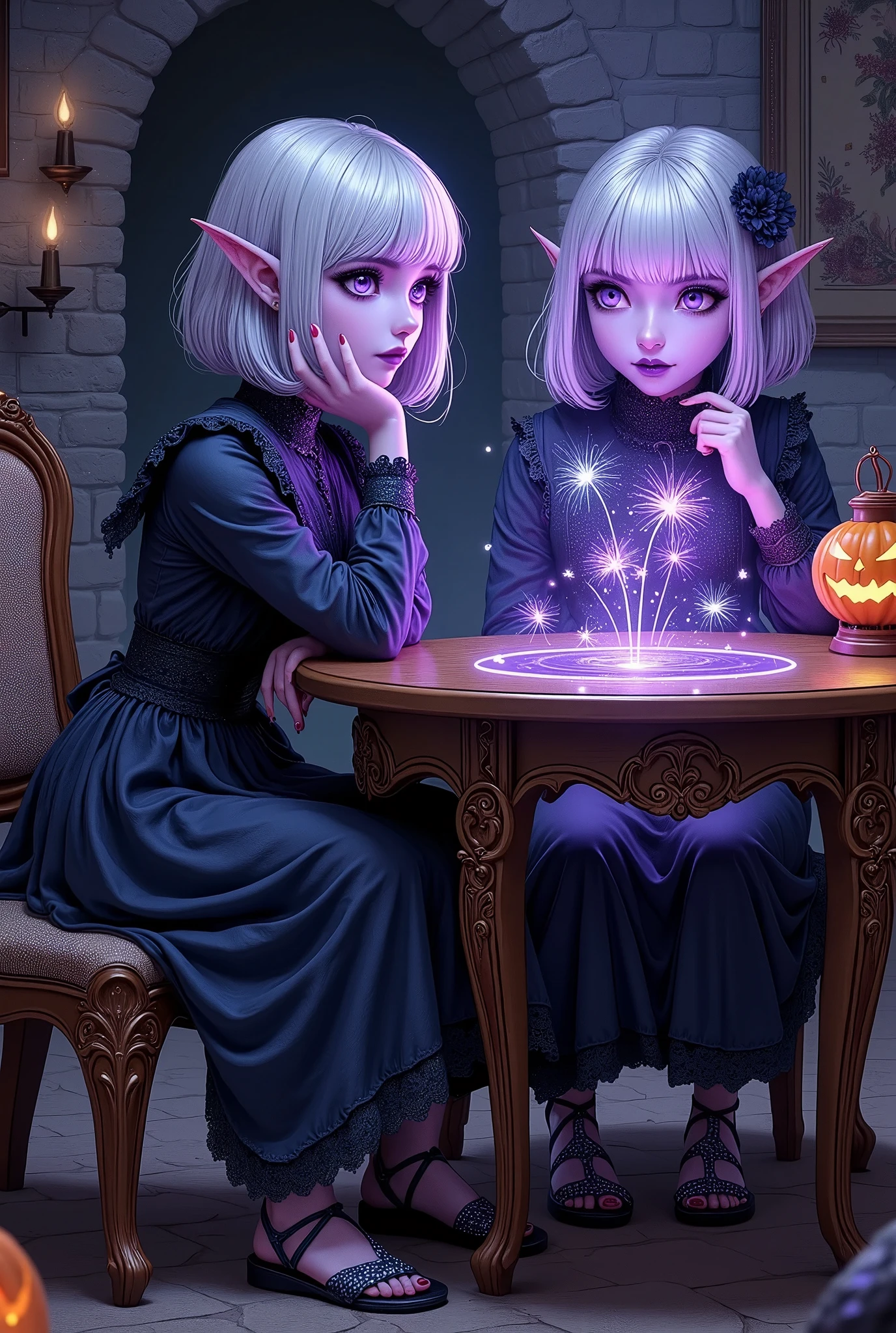 (Ultra-detailed face, Looking away, Fantasy Illustration with Gothic, Dark tone colors. Two women.), BREAK 
(The Dark Elven female wizard sisters stand beside a gothic table in the living room of a dark underground cavern. The younger sister sits in a chair, her elbows on the table and her chin supported by both hands. A small magic circle is drawn in the center of the table, and a 3D hologram of a Japanese fireworks scene is projected from the magic circle. Gaze at the fireworks. A quiet smile. A Halloween pumpkin lantern in the corner of the room.), BREAK 
(A young-aged dark elf woman with pure white hair and eyebrows, blunt bangs, short length disheveled hair, small pink lips, dark-purple color skin, lavender pupils, Draw thick, dark eyeliner around the eyes.), BREAK 
(Dark elf female wizard sisters wear navy blue smock dresses with lace and ruffles embroidered with cosmos flowers. They are wearing sandals with navy blue shiny thin laces woven into them.), BREAK 
(A dark underworld. The holographic glow of fireworks is fantastic. Japanese-style fireworks appear to sparkle with fine light particles.)