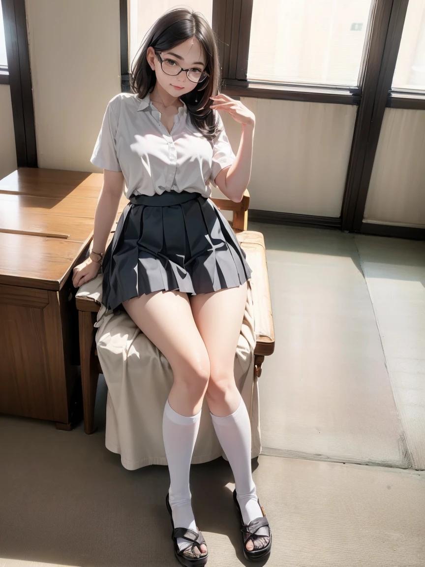 Japanese women, , (Black short bob hair), Plump body, Black Eyes,(Wear rimless glasses) Japanese school girl uniform, (He is wearing a white shirt with a wide open chest), Huge breasts, Light grey pleated skirt, Sit on a chair, Seductive pose, Full Body Shot, A little angry face, In the classroom