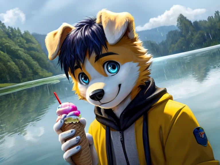 A furry , a yellow dog, with a full black nose, shiny hair, blue eyes, smiling, holding ice cream alone in a lake, rain background, high quality, young man’s clothes 