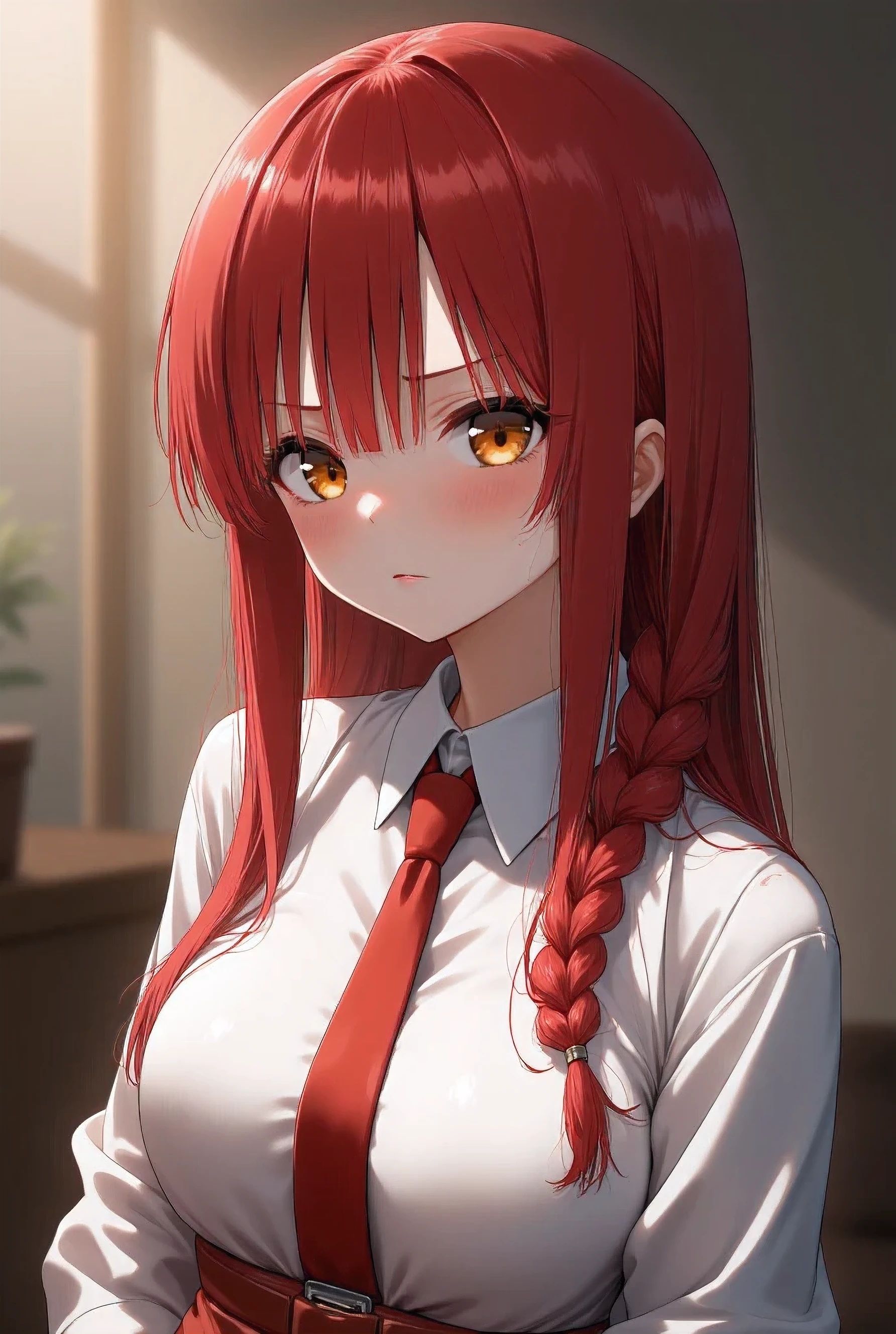 masterpiece, (photorealistic:1.4), best quality, beautiful lighting, makima \(chainsaw man\), (red hair)+(long single braid)+(bangs), yellow eyes, golden eyes, (ringed eyes), (white shirt), (necktie),Prepare to be amazed by the astonishing level of detail in this ultra-realistic 10k high resolution artwork, where the fusion of Digital Painting, Anime Art, (masterpiece: 1.5) (photorealistic: 1.1) (bokeh) (best quality) (detailed skin texture pores hair: 1.1) (intricate) (8k) (HDR) (wallpaper) (cinematic lighting) (sharp focus )1 girl, solo, breasts, nipples, nude, bound, bdsm, bondage, rope, gag, gagged, shibari, ball gag