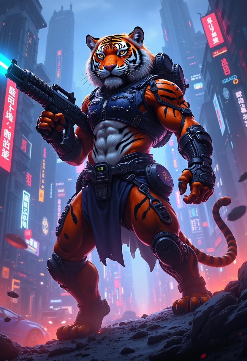 cyberpunk tiger warrior, neon lights, futuristic city, holding laser gun, concept art, highly detailed, 8k, ultra-detailed, photorealistic, hyper-realistic, volumetric lighting, cinematic lighting, dramatic lighting, vivid colors, vibrant colors, intricate details, complex details, mechanical design, advanced technology, glowing elements, moody atmosphere, dynamic pose, epic, dramatic, niji6, niji5, cinematic composition, masterpiece, Japanese anime illustration