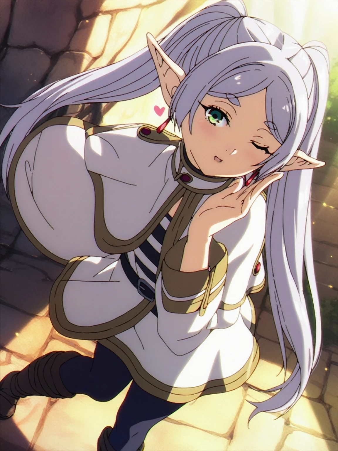 1girl, sfrieren, solo, elf, pointy ears, silver hair, white hair, green eyes,  ,, BREAK
robe, black pantyhose, brown boots, belt, capelet,,, BREAK
blowing kiss, k1ss3s, looking at viewer, heart, one eye closed,
,  , BREAK
score_9, score_8_up, score_7_up, score_6_up, anime,
(high quality, detailed, beautiful), shiny, detailed beautiful eyes, outstanding, countershading, detailed soft lighting