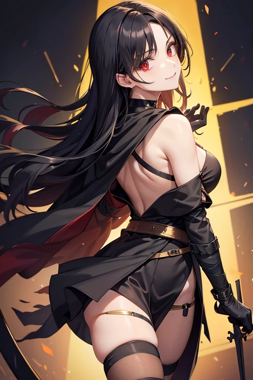 One girl, witch has, Red eyes, , Wicked Smile, Black Choker, clavicle, off-the-shoulder dress, Brown cloak, Long sleeve, Black gloves, belt, Gold trim, Absolute territory, Skin Pattern, (Asymmetrical Legwear:1.4), Mismatched legwear, (Bandaged leg:1.3), Black knee socks, (Cross your back:1.3), Mature, Mature woman, chest, big chest