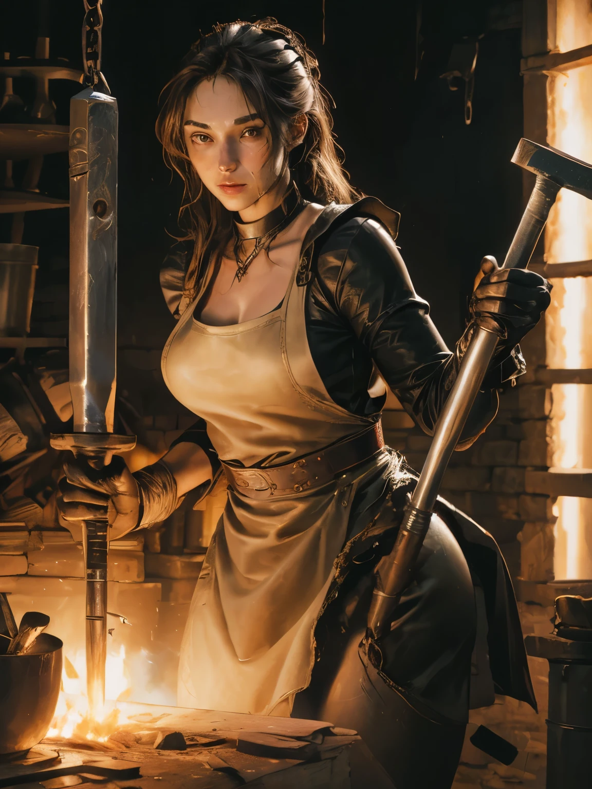 ((Medieval fantasy setting)). score_9, score_8_up, score_7_up, score_6_up.
(1 girl:1.2), (blacksmith:1.4), full body, tall, (strong build:1.3), muscular, (natural beauty:1.2), rounded shapes, (large breasts:1.3), athletic hips, (elastic buttocks:1.2), light skin, (slight blush:0.9), (sweat on body:1.5), brown eyes, (red tints:1.2), straight nose, (defined lips:1.2), (long brown hair:1.1), rough ponytail, (working in the forge:1.3), wearing (leather apron:1.6), (apron on naked body:1.6), (plunging neckline:1.4), (protective leather gloves:1.2), standing pose, (bent over anvil:1.3), (holding hammer:1.5), (hammer raised to strike:1.4), (dark forge background:1.4), high quality, (4k resolution:1.6), ultra-detailed, sharp focus, medieval fantasy, oil painting style, Peter Paul Rubens