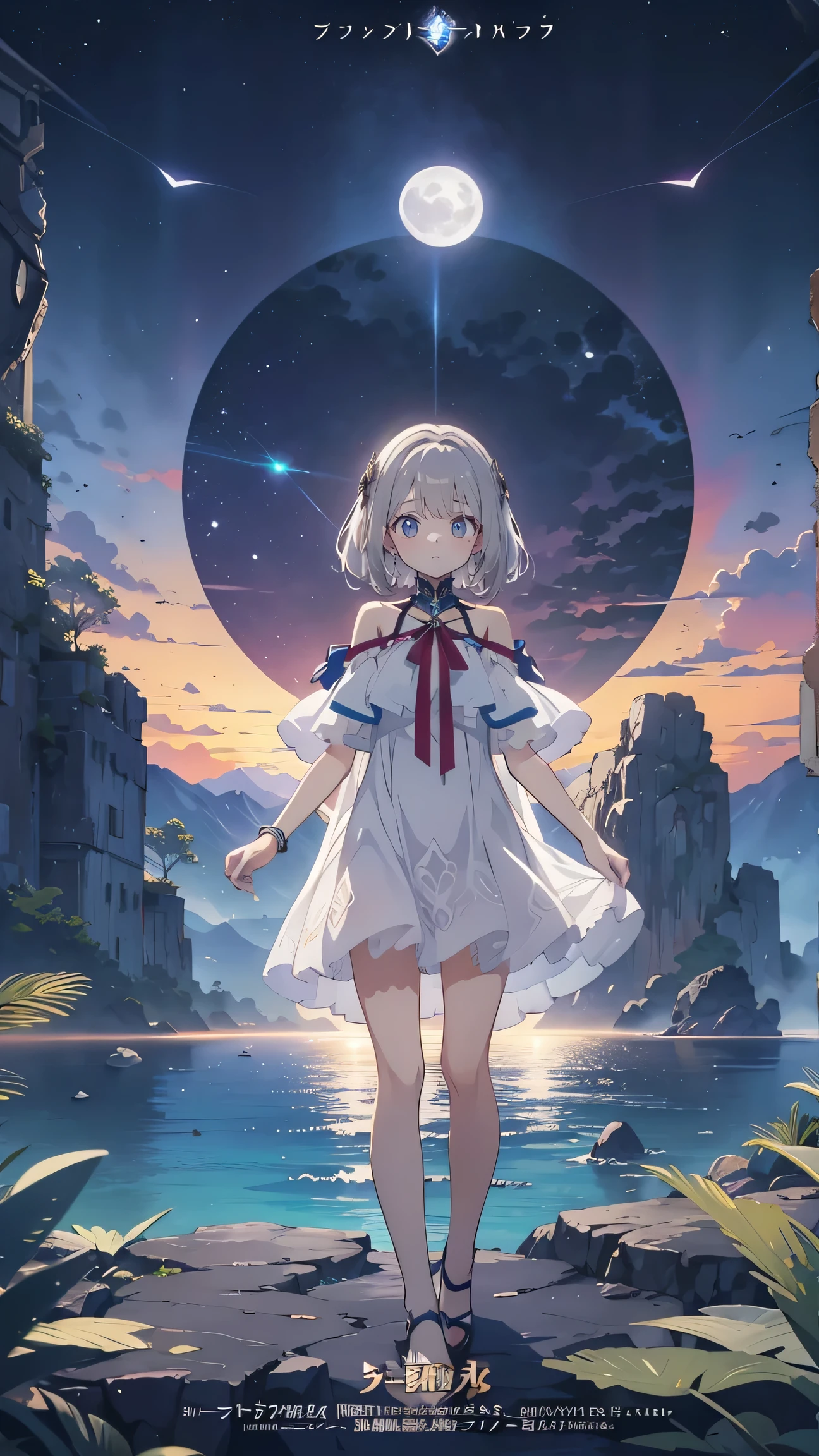 anime girl cliff, beautiful fantasy anime, high detailed official art, Silver-haired god, Shadowverse style, Goddess of anime, Night, Detailed anime key art, official art, Masterpiece Goddess of beauty, anime fantasy illustration, Detailed digital anime art, epic light novel art cover, From the video game Arknights, anime fantasy art, quiet background, BRIGHT WHITE MOON, white beach dress, sea view