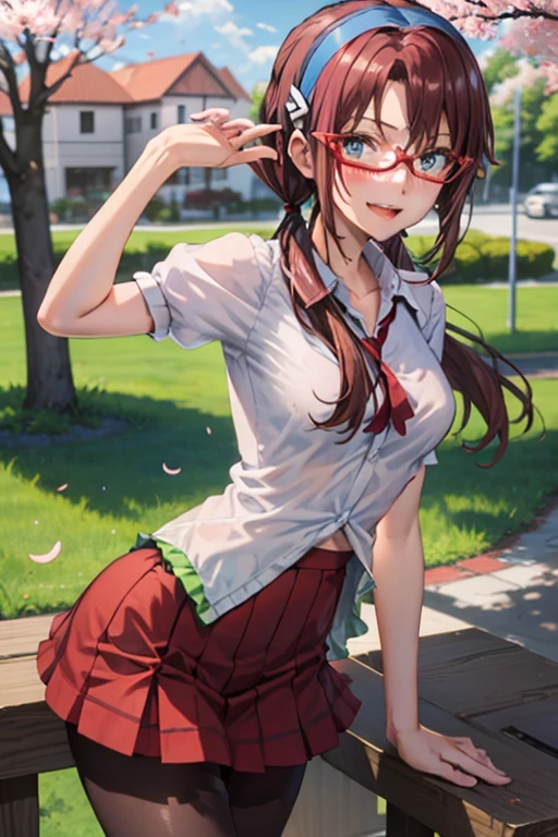 MikinamiPlug, 1girl, solo, long hair, brown hair, hairband, glasses, twintails, blue eyes, smile, medium breasts, red-framed eyewear, naked, sex, looking at viewer, open mouth, cowboy shot, pantyhose, thighhighs, zettai ryouiki, outdoors, day, clouds, cherry blossom trees, school, campus, buildings, frills
 