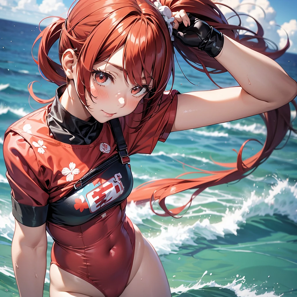Yor Forger,Big Breasts,Red swimsuit,Black jacket,Twilight Look,Mouth of joy,Seaside at sunset,