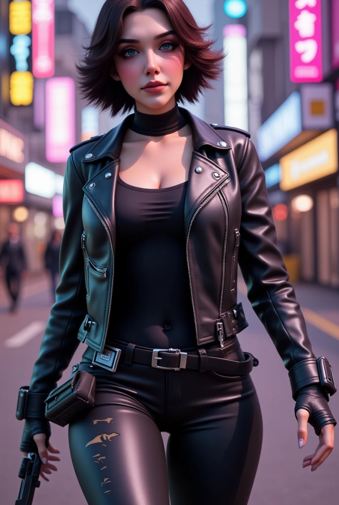 Beth as a renegade bounty hunter, 3d render, fornite skin, 3d model, In the bustling, neon-lit streets of a sprawling cyberpunk metropolis, the Bounty Hunter blends seamlessly into the chaotic environment. She sports a rugged, dark leather jacket that fits snugly around her torso, adorned with metal studs and reinforced padding for protection. Attached to her belt are various high-tech gadgets and weapons, essential for her dangerous line of work. Under the jacket, she wears a skin-tight, black synthetic fabric shirt that provides both flexibility and durability, with lines of glowing circuitry running along her arms, hinting at cybernetic enhancements.